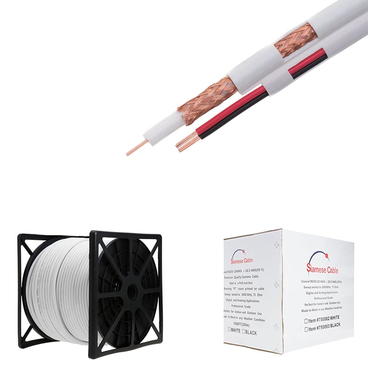 Primary image for 1000FT White Bulk Siamese RG59/U Cable, 20AWG + 18/2 AWG Power, 95% Shielding, C