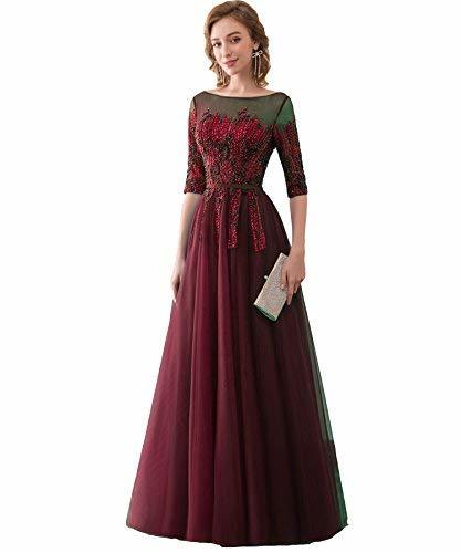 Kivary Vintage Wine Red Beaded Long Tulle Corset Prom Evening Dress Burgundy US