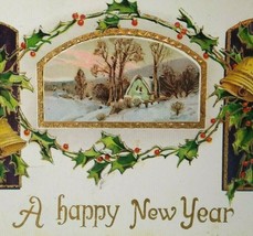 Happy New Year Postcard Gold Trim Holly Bells Cottage AA Germany Du Quoin ILL - £5.50 GBP