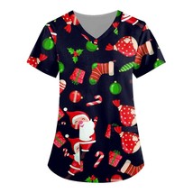 Santa Claus Tops Xmas Scrubs Uniforms Nursing Scrubs T-shirt Christmas Short Sle - £38.84 GBP