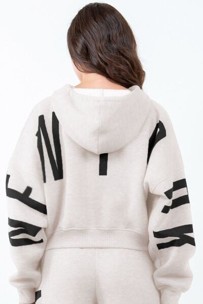 American Bazi Letter Graphic Long Sleeve Drawstring Cropped Hoodie - $43.05