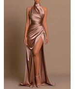 High Collar Sleeveless Thigh-High Slit Evening Dress Champagne Elastic S... - $88.00