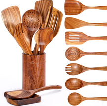 Natural Teak Wooden Kitchen Utensil Set with Spoon Rest  - $25.98+