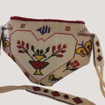 Vintage Beaded Purse Floral Heart Design Cream Red Beads Quilt Interior Zipper - £87.60 GBP