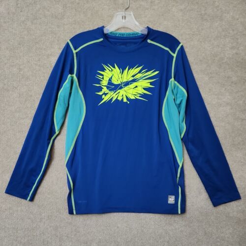 Primary image for Nike Pro Combat Shirt Dri Fit Youth XL Long Sleeve Blue Yellow Logo Swoosh