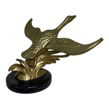 Vintage Solid Brass Goose On Round Marble Base Figure In Flight Metalware Desk - $25.95
