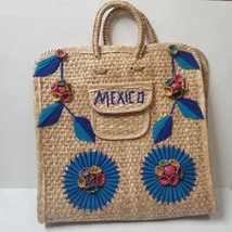 18&quot; Straw Tote Vintage Mexico Large Beach Bag with Handles Pocket 3D Floral - £16.78 GBP