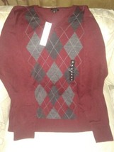 Apt 9 Men V Neck Sweater M Merino Wool Acrylic Maroon Gray Black Argyle - £23.73 GBP