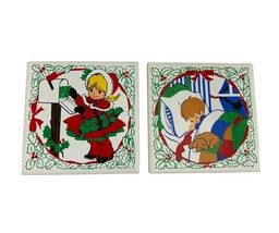 Vintage 2 Jasco Tile Trivets Christmas Holiday Boy Sleeping Girl Mail Dog Holly - £11.83 GBP