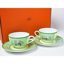 Hermes Africa Teacup And Saucer 2 Set Porcelain Green Tableware Coffee Animals - £679.93 GBP