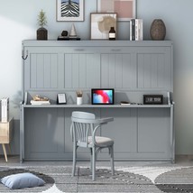 Full Size Gray Murphy Bed with Hydraulic Lift &amp; Desk Design - $17,931.72 MXN