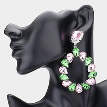 Big Pink and Green Teardrop Crystal Dangle Earrings Two Tone Statement J... - $33.66
