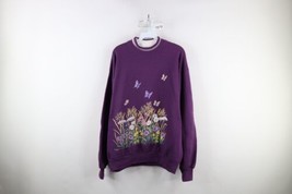 Vtg 90s Country Primitive Womens Large Flower Butterfly Sweatshirt Purple USA - £39.52 GBP
