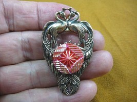 (Z18-313) red pink geometric textured Czech glass button peacock pin brooch - £15.81 GBP