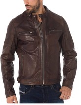 Leather Jacket Men&#39;s Biker Coat Racer Motorcycle Cafe Vintage Lambskin Brown 56 - $129.97+