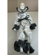 Vintage Ceramic Harlequin PIERROT Jester Clown Doll Metallic Silver &amp; Black - £19.71 GBP