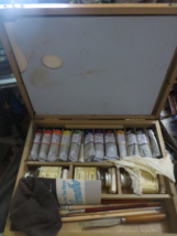 Vintage Malfa Artist Wood Paint Box with 12 Oil Paint Tubes brushes liquids - $74.79