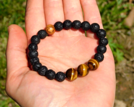 Tigers Eye and Black Lava Rock Bracelet Size 7 for Prosperity Focus Arom... - $357.86 MXN