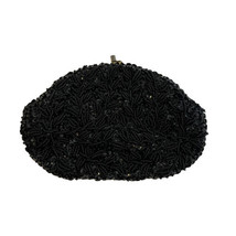 Vtg Handmade Black Beaded Sequined Purse Clutch Kiss Lcok Crown Colony Hong Kong - £17.80 GBP