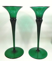 Oneida Emerald Green Trumpet Shaped Lead Crystal Candleholders Hand Blown - $45.99