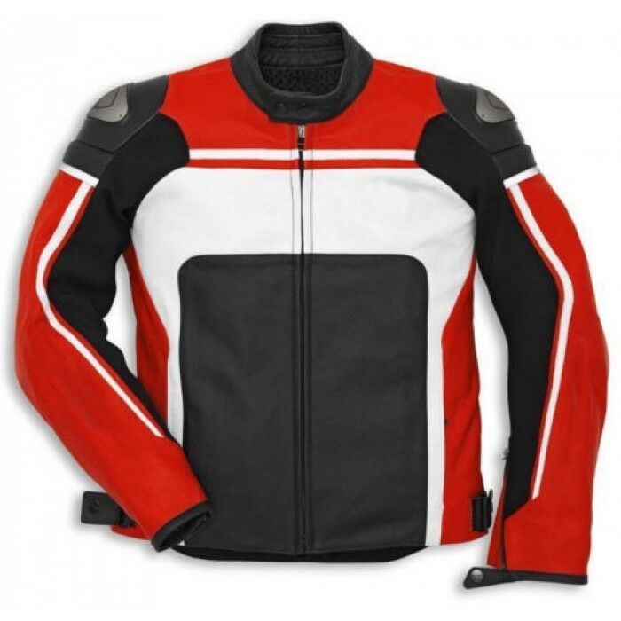 Men's Three Tone Black Red White Cont Motorcycle Racing Genuine Leather Jacket