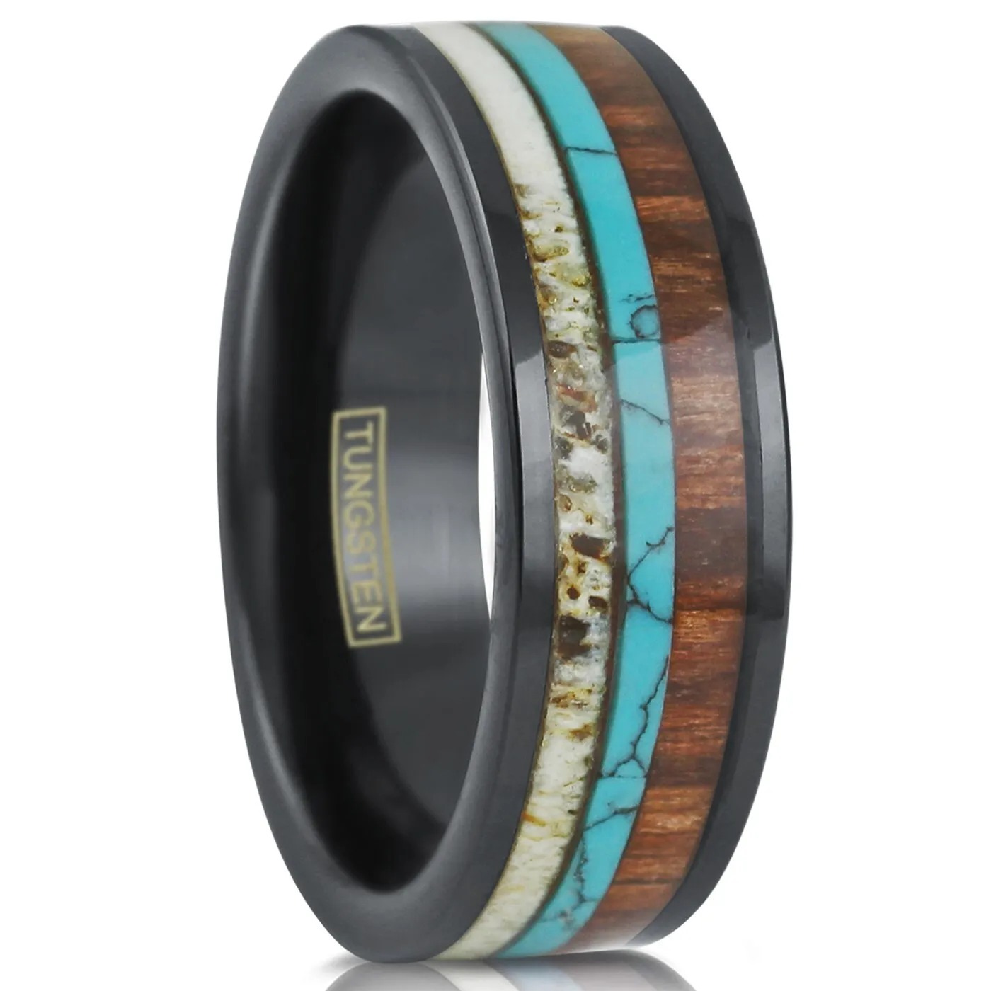Tungsten wedding band ring for men wood, turquoise and deer antler inlay - $80.69 CAD