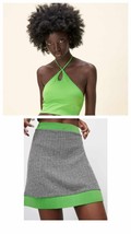 Zara Halter Crop Top + Knit Jacquard High Waisted Mini Skirt Neon Green Small - £26.15 GBP