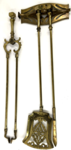 Vintage Solid Brass 4 Piece Fireplace Tool Set W/ Wall Mount Bronze Pati... - £178.48 GBP