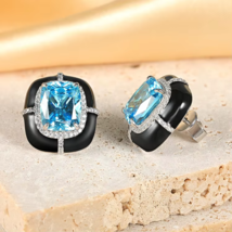 4.20Ct Cushion Lab-Created Blue Topaz Flower Stud Earrings 14K White Gold Plated - £77.07 GBP