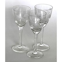 Vintage Etched Floral Crystal Sherry Cordial Glass 5.25&quot; tall x 2.25&quot; Set of 3 - £22.37 GBP