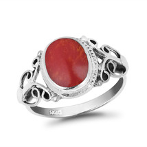 Elegant Vintage Oval Shaped Red Coral on .925 Sterling Silver Ring - 9 - £15.59 GBP