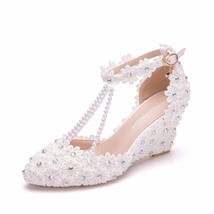 String Bead Lace Wedges Platform Party Wedding Shoes Women Rhinestone Flower Hig - £65.67 GBP