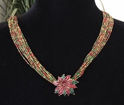 Multi Strand Christmas Poinsettia Pendant &amp; Red Green Gold Seed Bead Necklace - £31.23 GBP