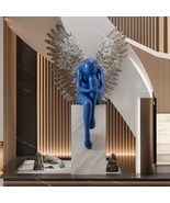 Modern Sitting Angel Sculpture with Silver Wings  Blue Contemporary Art... - $33,253.91 MXN
