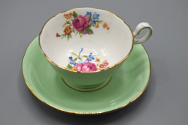 Royal Grafton Teacup Saucer Light Green w Rose Floral Bone China England L715H - $24.18