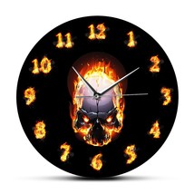 Demon Skull In Fire With Burning Numbers Modern Wall Clock Heavy Metal Flaming H - £31.98 GBP