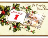 Happy New Year Open Book Holly Landscape Embossed DB Postcard A16 - $4.90