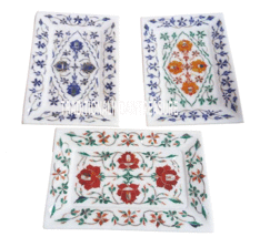 Set of 3 Marble White Serving Tray Plate Lapis Hakik Work Inlay Marquetry Decor - £472.60 GBP