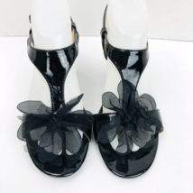 Mootsies Tootsies 7.5 Black Patent Leather T Strap Sandal Silk Flower Caresse - £31.44 GBP