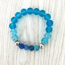 Blue Aquamarine Beads Bracelet Sea Glass Silver Tone Rhinestones Handmade  - £19.97 GBP