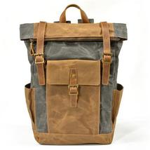 Hard Waterproof Canvas Leather Backpack Men Large Capacity Waxed Daypacks - £85.92 GBP