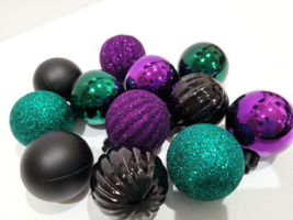 Halloween Glitter Plastic Tree Ornaments Black Purple Green  2&quot; Set of 12 - £11.46 GBP