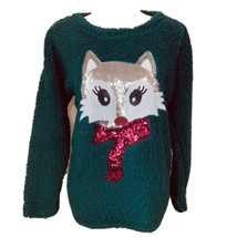 Soft &amp; Cozy Fleece Plush Pullover Sweater Dark Forest Green Sequin Fox S... - £11.04 GBP