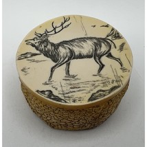 Vtg Little Stones Carved Hand Painted Trinket Box England 2.25&quot; Deer Elk Hunting - £14.08 GBP