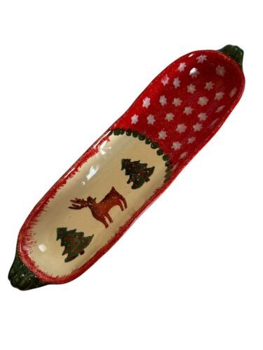 Christmas Tree Reindeer Cracker Relish Dish Clay Sponge Painted Made In ... - $17.70