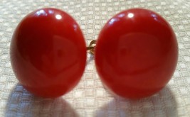 Vintage Red Bakelite Round Puffy Button Screw Back Earrings - £31.31 GBP