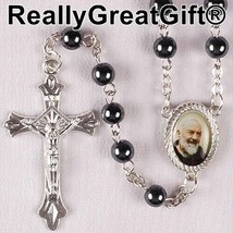 Catholic ROSARY - Round Hematite beads with St. Padre Pio  - 6 mm - New  - $7.25