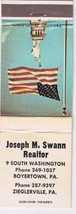 Matchbook Cover Joseph M Swann Realtor Boyertown Zieglerville Pennsylvania - £2.27 GBP