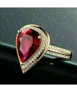14k Yellow Gold Plated Silver 2CT Pear Simulated Red Ruby Engagement Hal... - £103.25 GBP