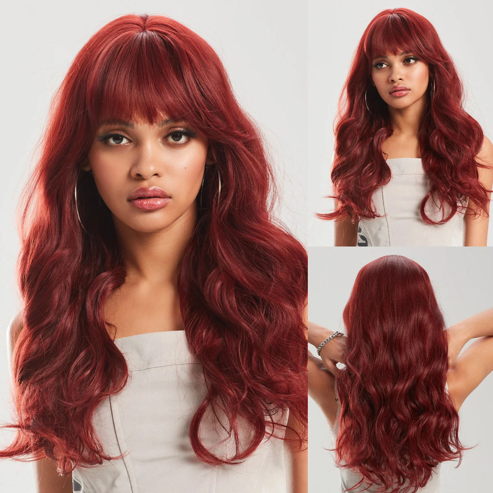 Long Wavy Synthetic Wigs Wine Burgundy Body Wave Wig with Bangs Fake Hair f - £24.43 GBP
